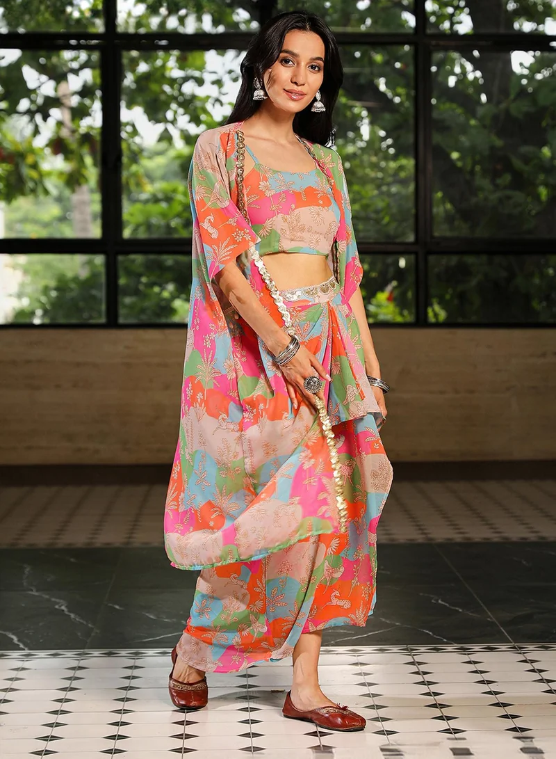 QISSA Women's Strawberry Pink & Tangerine Orange Bohemian Romance Co-Ord Set For Casual Wear | Scoop Neck | Sleeveless | 3 Piece Co-Ords Designed With Comfort Fit For Everyday Ethnic Wear